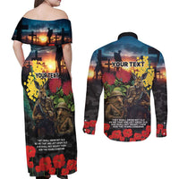 Kangaroo-Kiwi Soldier ANZAC Personalised Couples Matching Off Shoulder Maxi Dress and Long Sleeve Button Shirt Golden Wattle and Pohutukawa Flowers LT9 - Polynesian Pride