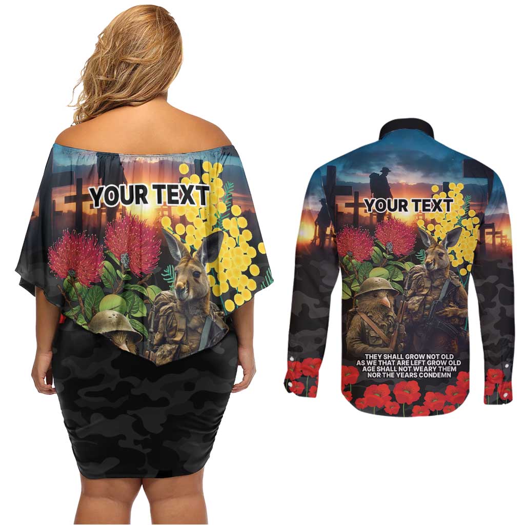 Kangaroo-Kiwi Soldier ANZAC Personalised Couples Matching Off Shoulder Short Dress and Long Sleeve Button Shirt Golden Wattle and Pohutukawa Flowers LT9 - Polynesian Pride