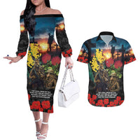 Kangaroo-Kiwi Soldier ANZAC Personalised Couples Matching Off The Shoulder Long Sleeve Dress and Hawaiian Shirt Golden Wattle and Pohutukawa Flowers LT9 Black - Polynesian Pride