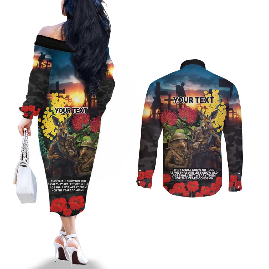Kangaroo-Kiwi Soldier ANZAC Personalised Couples Matching Off The Shoulder Long Sleeve Dress and Long Sleeve Button Shirt Golden Wattle and Pohutukawa Flowers LT9 - Polynesian Pride