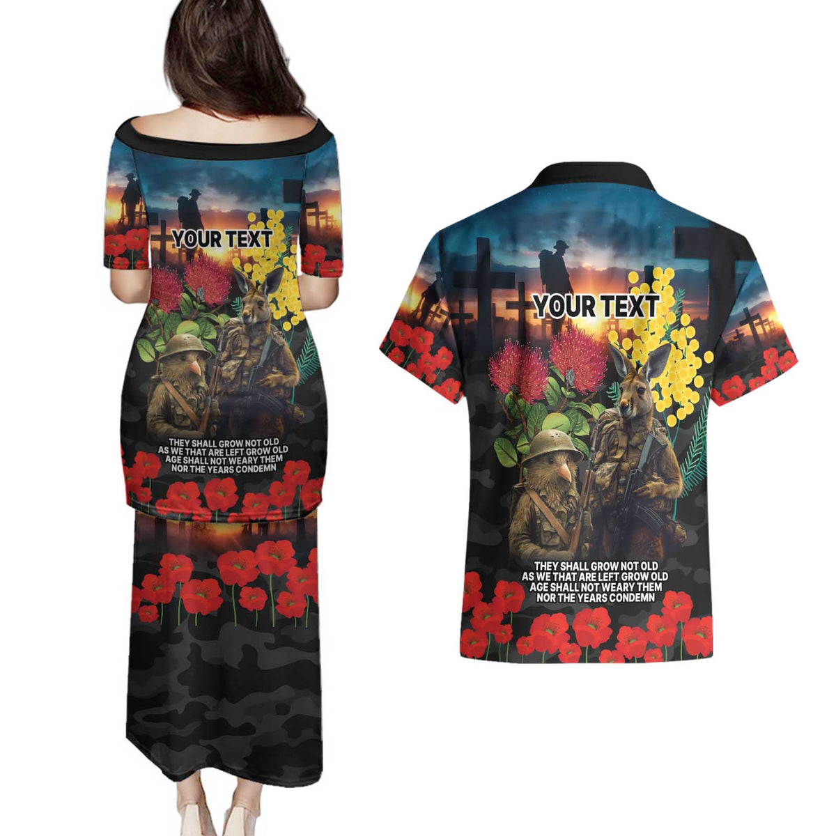 Kangaroo-Kiwi Soldier ANZAC Personalised Couples Matching Puletasi and Hawaiian Shirt Golden Wattle and Pohutukawa Flowers LT9 - Polynesian Pride