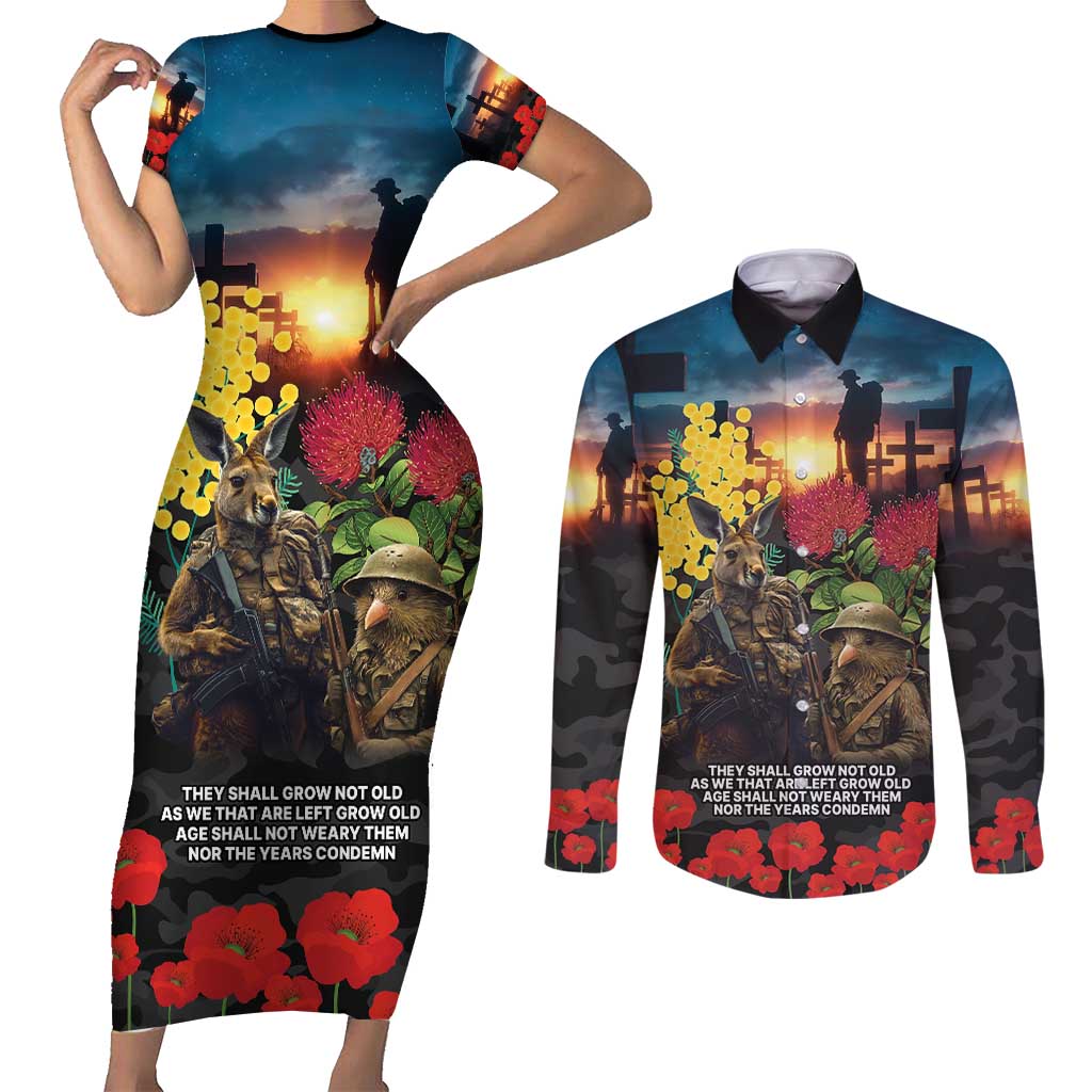 Kangaroo-Kiwi Soldier ANZAC Personalised Couples Matching Short Sleeve Bodycon Dress and Long Sleeve Button Shirt Golden Wattle and Pohutukawa Flowers LT9 Black - Polynesian Pride