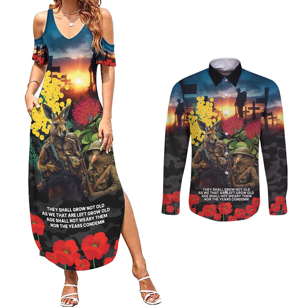 Kangaroo-Kiwi Soldier ANZAC Personalised Couples Matching Summer Maxi Dress and Long Sleeve Button Shirt Golden Wattle and Pohutukawa Flowers LT9 Black - Polynesian Pride