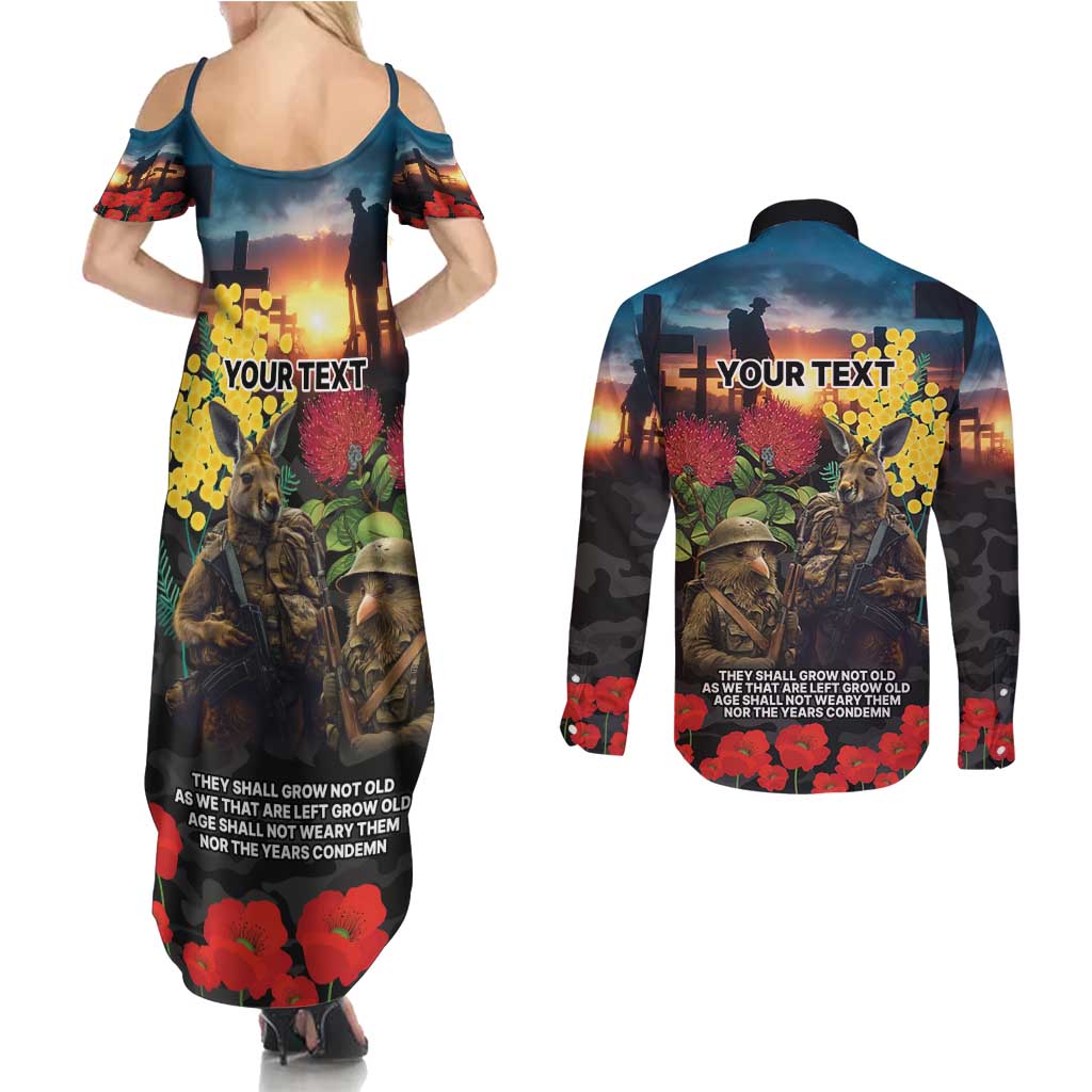 Kangaroo-Kiwi Soldier ANZAC Personalised Couples Matching Summer Maxi Dress and Long Sleeve Button Shirt Golden Wattle and Pohutukawa Flowers LT9 - Polynesian Pride
