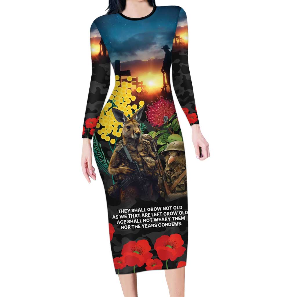 Kangaroo-Kiwi Soldier ANZAC Personalised Family Matching Long Sleeve Bodycon Dress and Hawaiian Shirt Golden Wattle and Pohutukawa Flowers LT9 Mom's Dress Black - Polynesian Pride