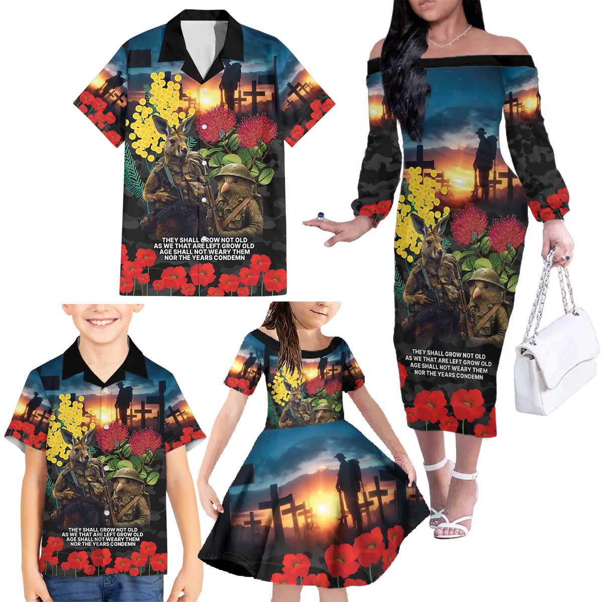 Kangaroo-Kiwi Soldier ANZAC Personalised Family Matching Off The Shoulder Long Sleeve Dress and Hawaiian Shirt Golden Wattle and Pohutukawa Flowers LT9 - Polynesian Pride
