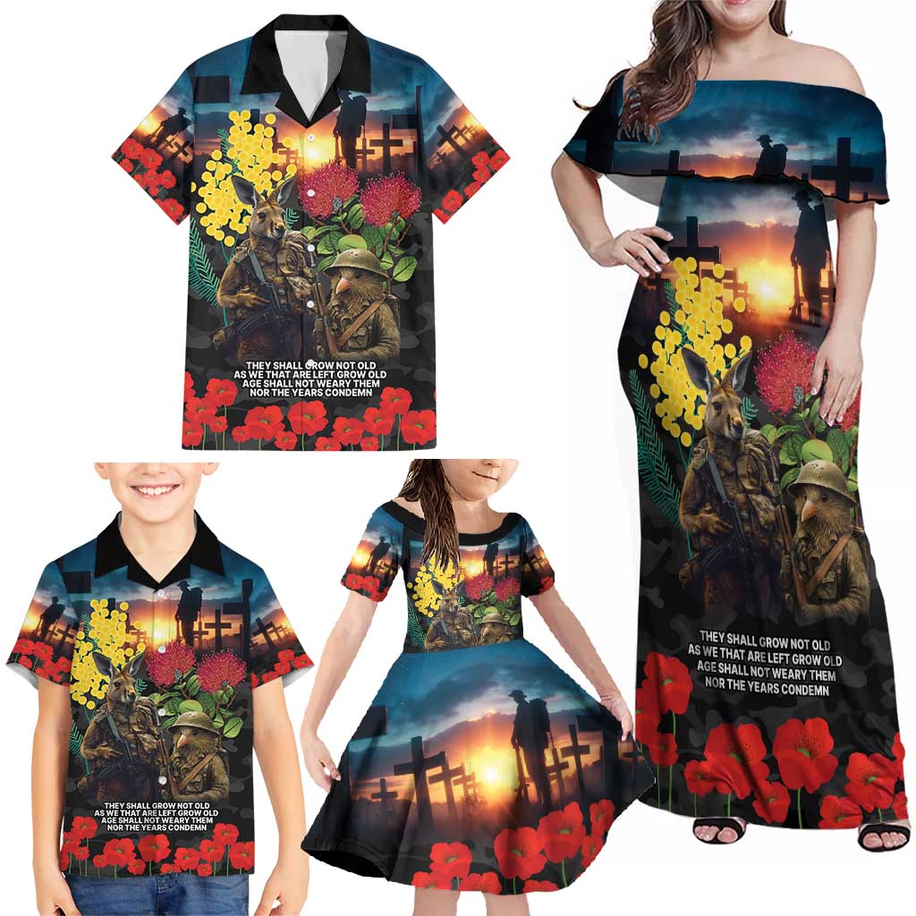 Kangaroo-Kiwi Soldier ANZAC Personalised Family Matching Off Shoulder Maxi Dress and Hawaiian Shirt Golden Wattle and Pohutukawa Flowers LT9 - Polynesian Pride