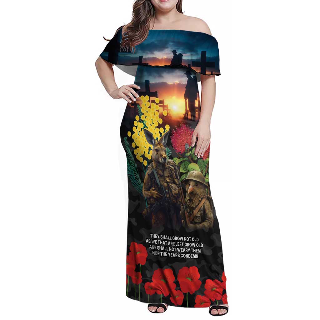 Kangaroo-Kiwi Soldier ANZAC Personalised Family Matching Off Shoulder Maxi Dress and Hawaiian Shirt Golden Wattle and Pohutukawa Flowers LT9 Mom's Dress Black - Polynesian Pride