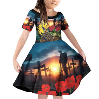 Kangaroo-Kiwi Soldier ANZAC Personalised Family Matching Off Shoulder Short Dress and Hawaiian Shirt Golden Wattle and Pohutukawa Flowers LT9 Daughter's Dress Black - Polynesian Pride