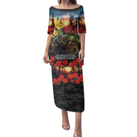 Kangaroo-Kiwi Soldier ANZAC Personalised Family Matching Puletasi and Hawaiian Shirt Golden Wattle and Pohutukawa Flowers LT9 Mom's Dress Black - Polynesian Pride