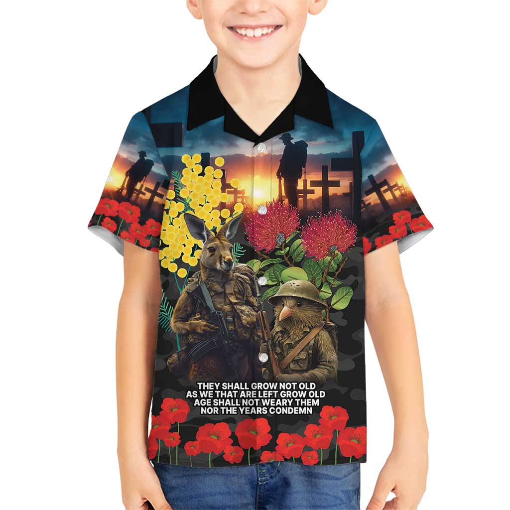 Kangaroo-Kiwi Soldier ANZAC Personalised Family Matching Puletasi and Hawaiian Shirt Golden Wattle and Pohutukawa Flowers LT9 Son's Shirt Black - Polynesian Pride