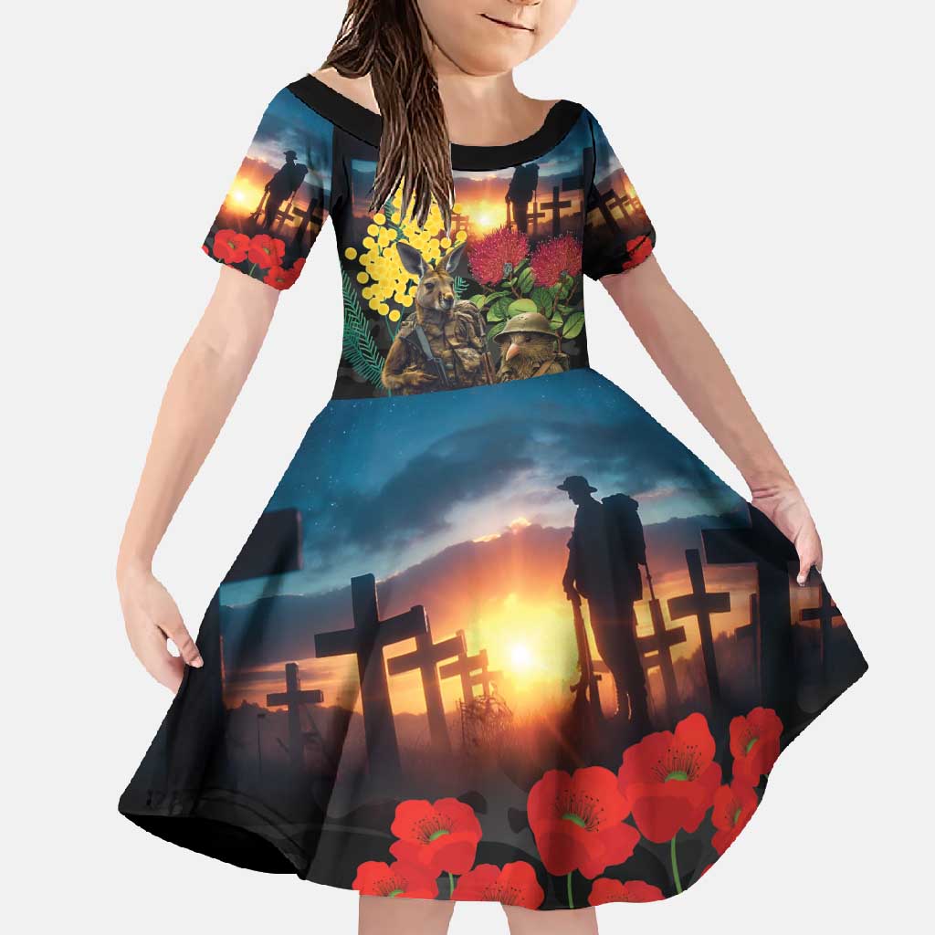 Kangaroo-Kiwi Soldier ANZAC Personalised Family Matching Summer Maxi Dress and Hawaiian Shirt Golden Wattle and Pohutukawa Flowers LT9 Daughter's Dress Black - Polynesian Pride