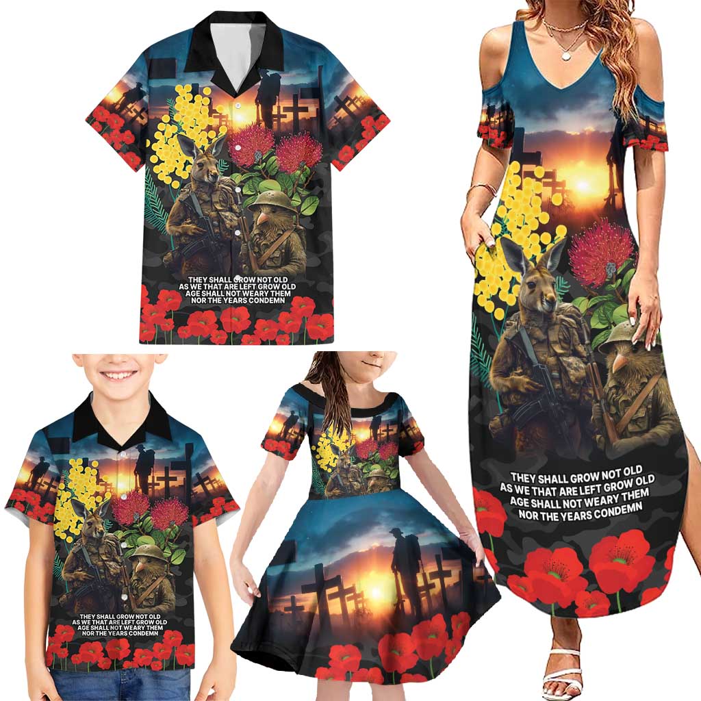 Kangaroo-Kiwi Soldier ANZAC Personalised Family Matching Summer Maxi Dress and Hawaiian Shirt Golden Wattle and Pohutukawa Flowers LT9 - Polynesian Pride