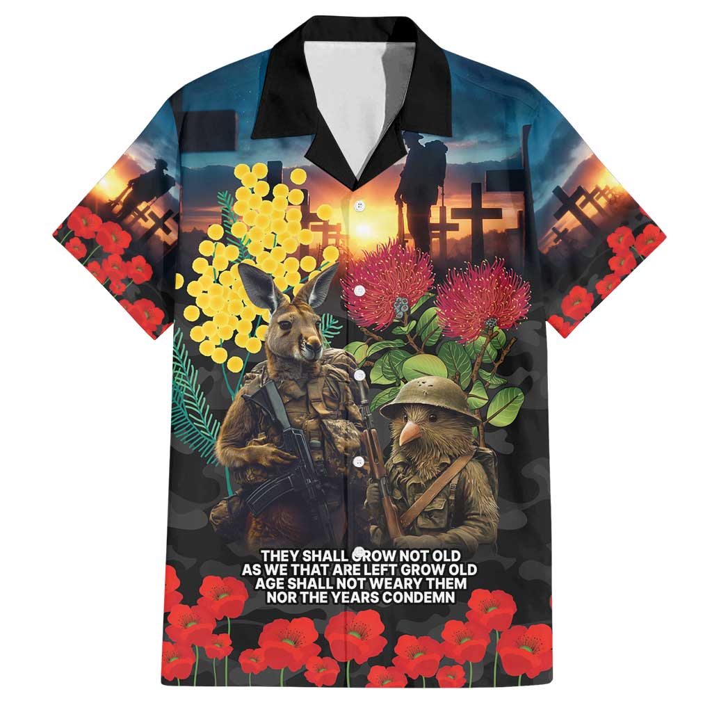 Kangaroo-Kiwi Soldier ANZAC Personalised Family Matching Summer Maxi Dress and Hawaiian Shirt Golden Wattle and Pohutukawa Flowers LT9 Dad's Shirt - Short Sleeve Black - Polynesian Pride