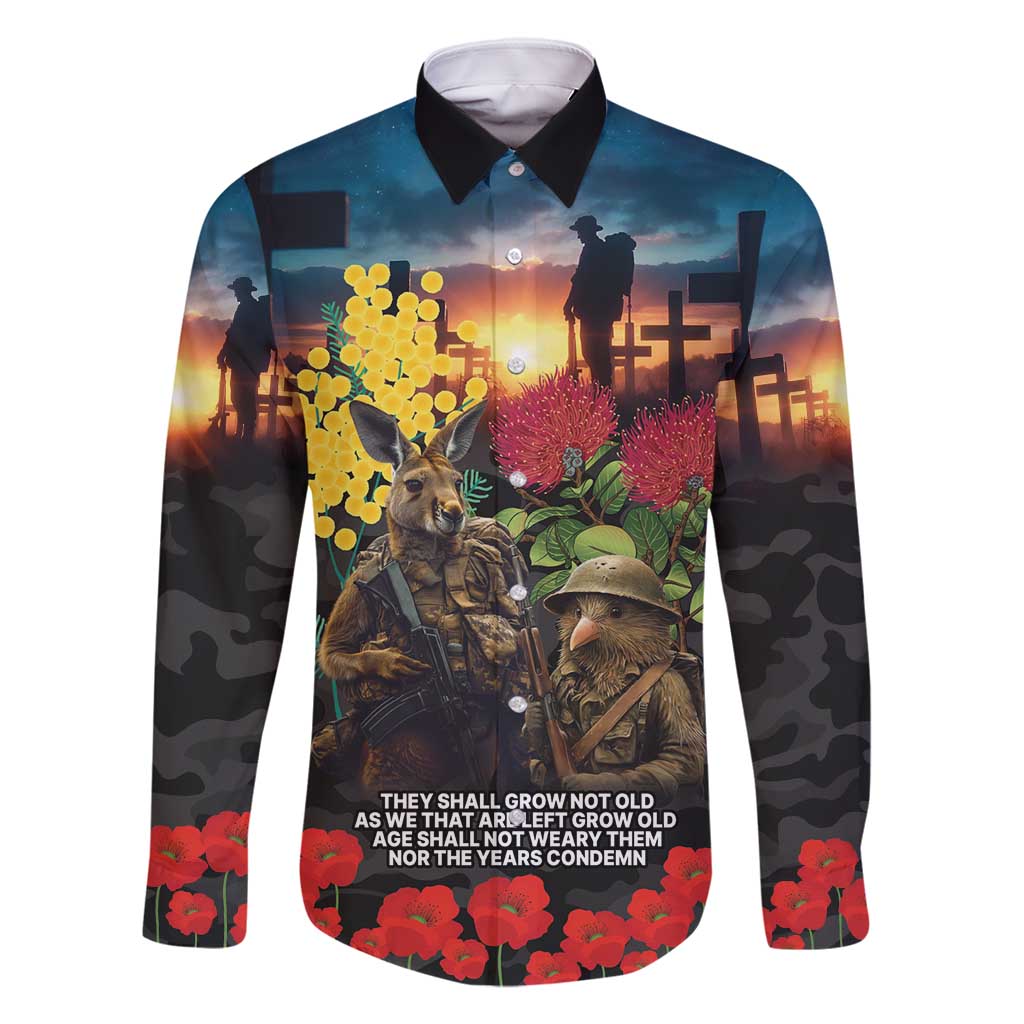Kangaroo-Kiwi Soldier ANZAC Personalised Family Matching Summer Maxi Dress and Hawaiian Shirt Golden Wattle and Pohutukawa Flowers LT9 Dad's Shirt - Long Sleeve Black - Polynesian Pride
