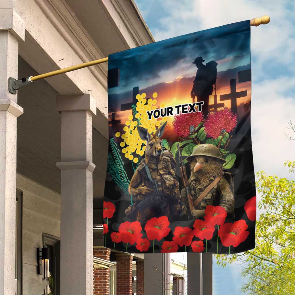 Kangaroo-Kiwi Soldier ANZAC Personalised Garden Flag Golden Wattle and Pohutukawa Flowers LT9 House Flag Black - Polynesian Pride