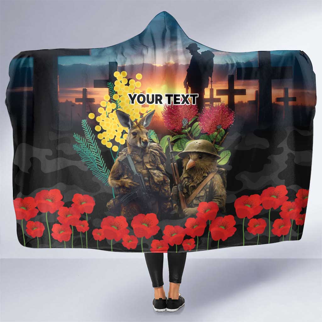 Kangaroo-Kiwi Soldier ANZAC Personalised Hooded Blanket Golden Wattle and Pohutukawa Flowers LT9 One Size Black - Polynesian Pride
