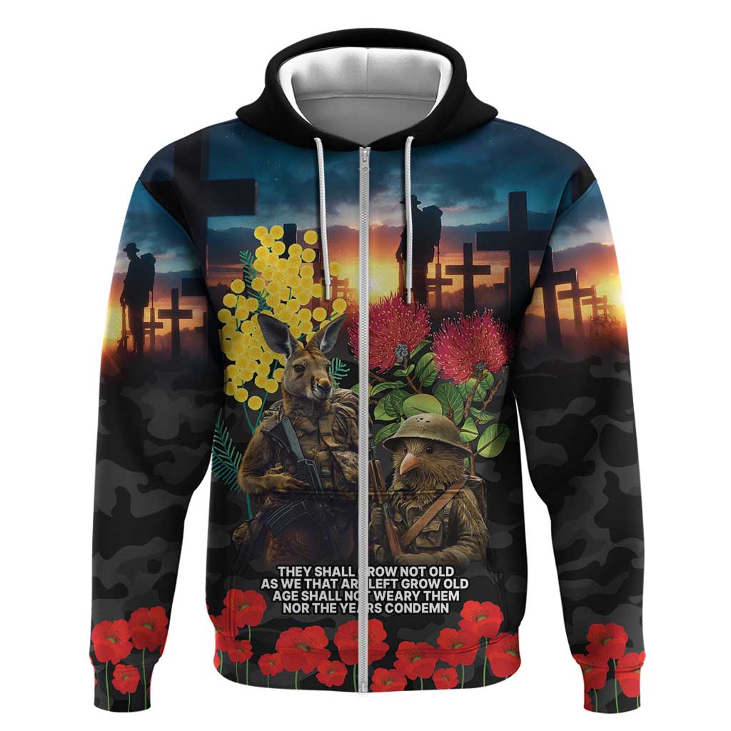 Kangaroo-Kiwi Soldier ANZAC Personalised Hoodie Golden Wattle and Pohutukawa Flowers LT9 Zip Hoodie Black - Polynesian Pride
