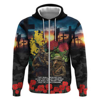 Kangaroo-Kiwi Soldier ANZAC Personalised Hoodie Golden Wattle and Pohutukawa Flowers LT9 Zip Hoodie Black - Polynesian Pride