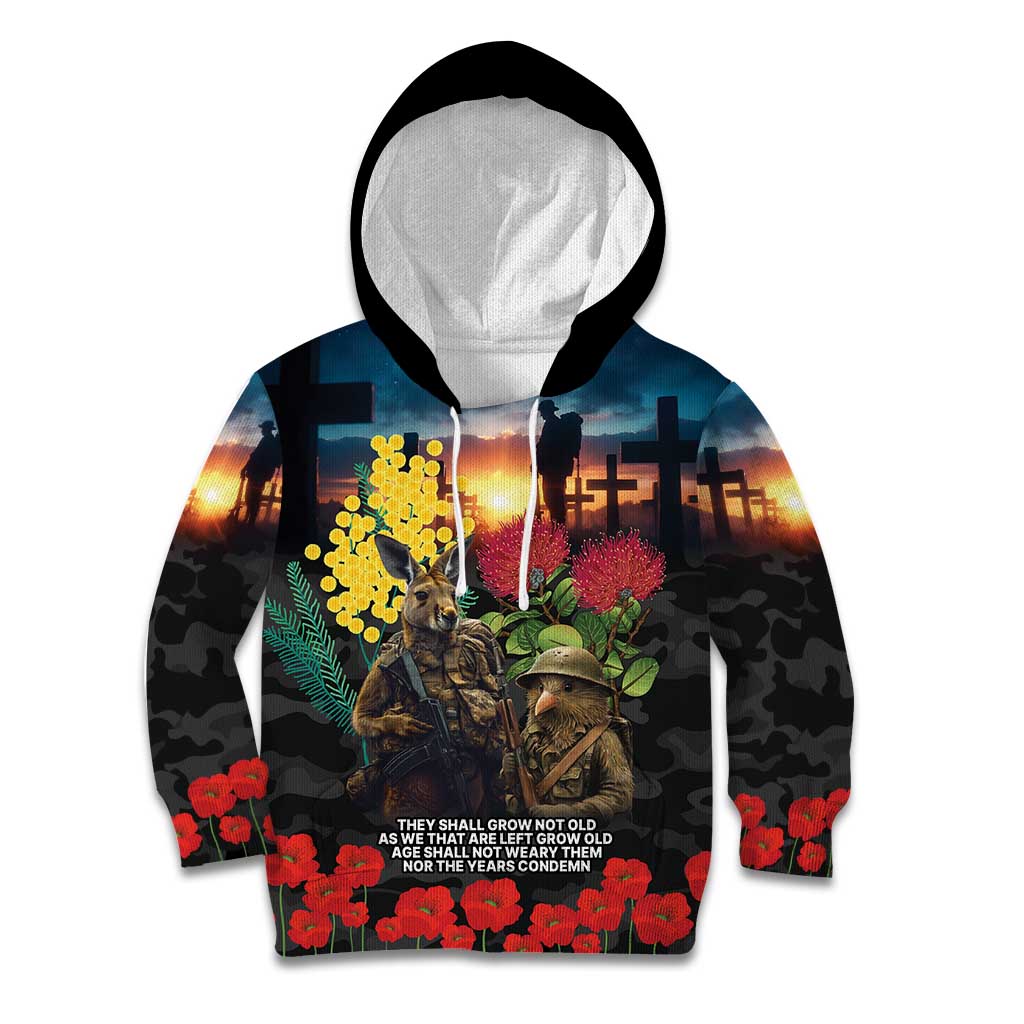Kangaroo-Kiwi Soldier ANZAC Personalised Kid Hoodie Golden Wattle and Pohutukawa Flowers LT9 Hoodie Black - Polynesian Pride