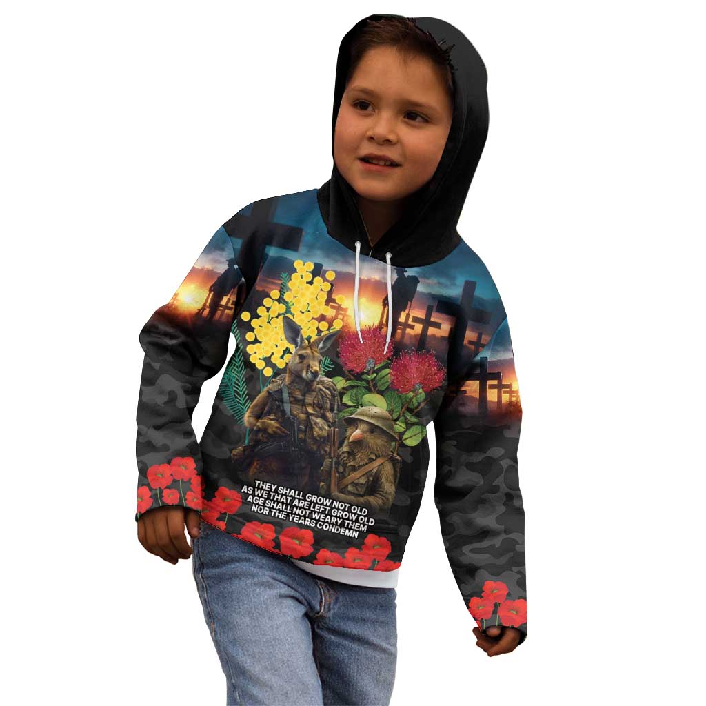 Kangaroo-Kiwi Soldier ANZAC Personalised Kid Hoodie Golden Wattle and Pohutukawa Flowers LT9 - Polynesian Pride