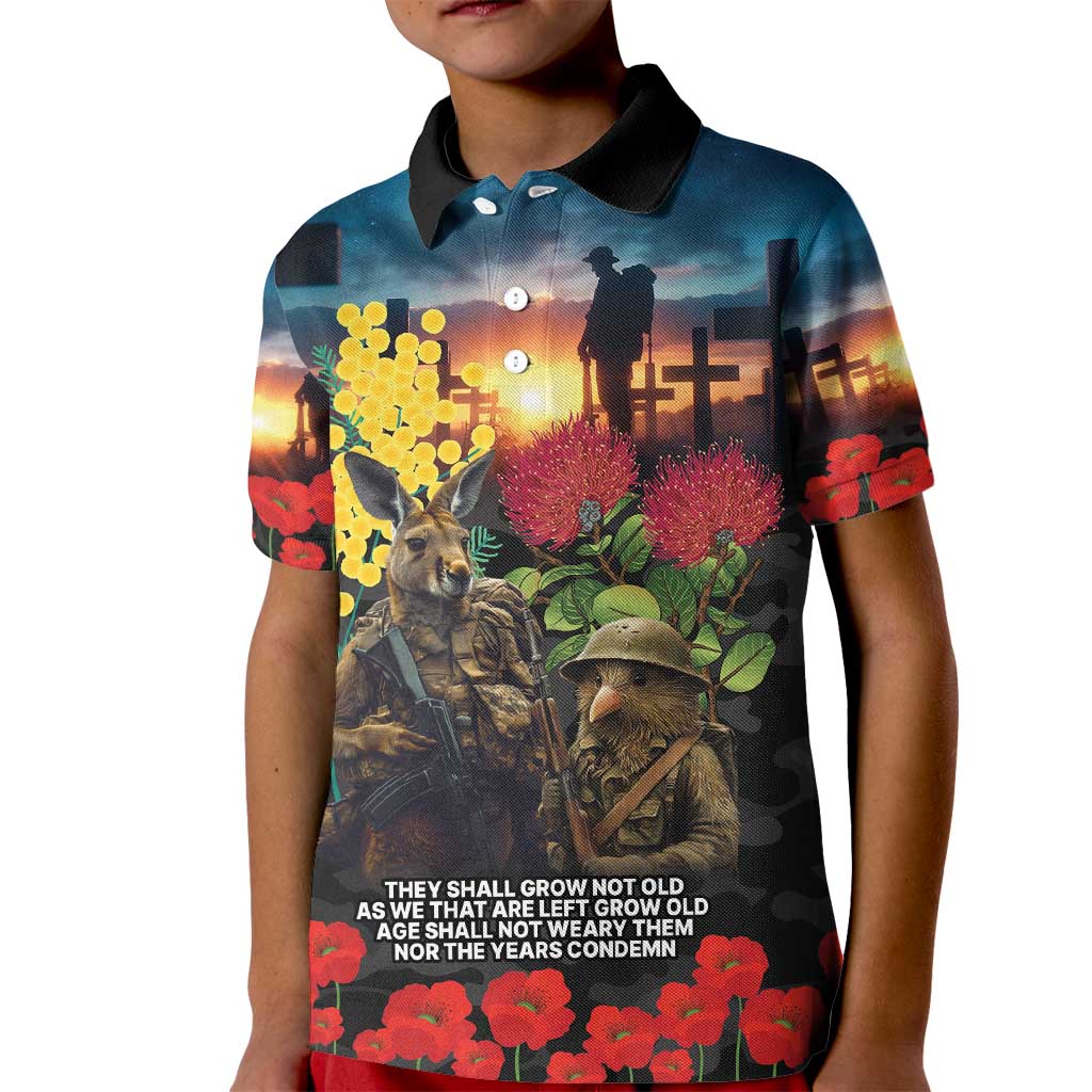 Kangaroo-Kiwi Soldier ANZAC Personalised Kid Polo Shirt Golden Wattle and Pohutukawa Flowers LT9 Kid Black - Polynesian Pride