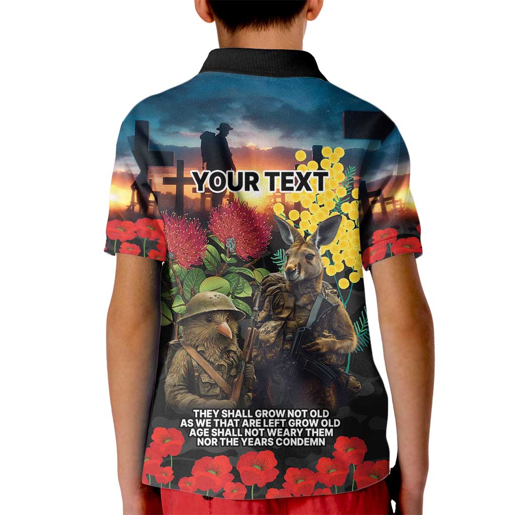 Kangaroo-Kiwi Soldier ANZAC Personalised Kid Polo Shirt Golden Wattle and Pohutukawa Flowers LT9 - Polynesian Pride