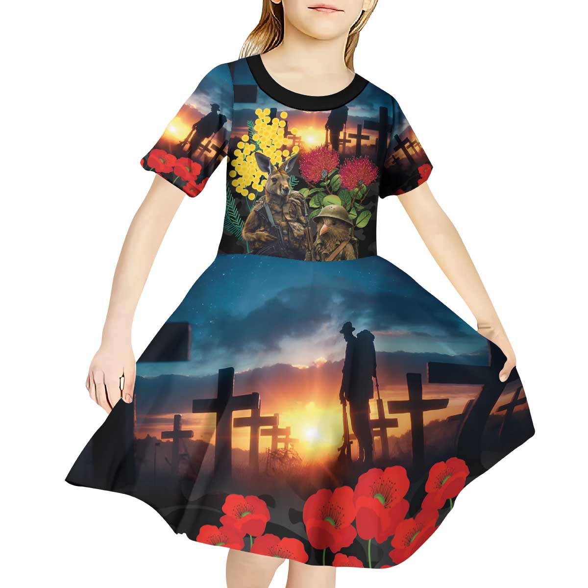 Kangaroo-Kiwi Soldier ANZAC Personalised Kid Short Sleeve Dress Golden Wattle and Pohutukawa Flowers LT9 - Polynesian Pride