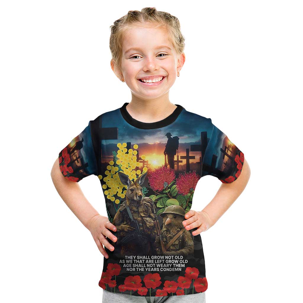 Kangaroo-Kiwi Soldier ANZAC Personalised Kid T Shirt Golden Wattle and Pohutukawa Flowers LT9 Black - Polynesian Pride