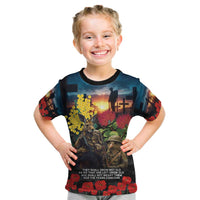 Kangaroo-Kiwi Soldier ANZAC Personalised Kid T Shirt Golden Wattle and Pohutukawa Flowers LT9 Black - Polynesian Pride