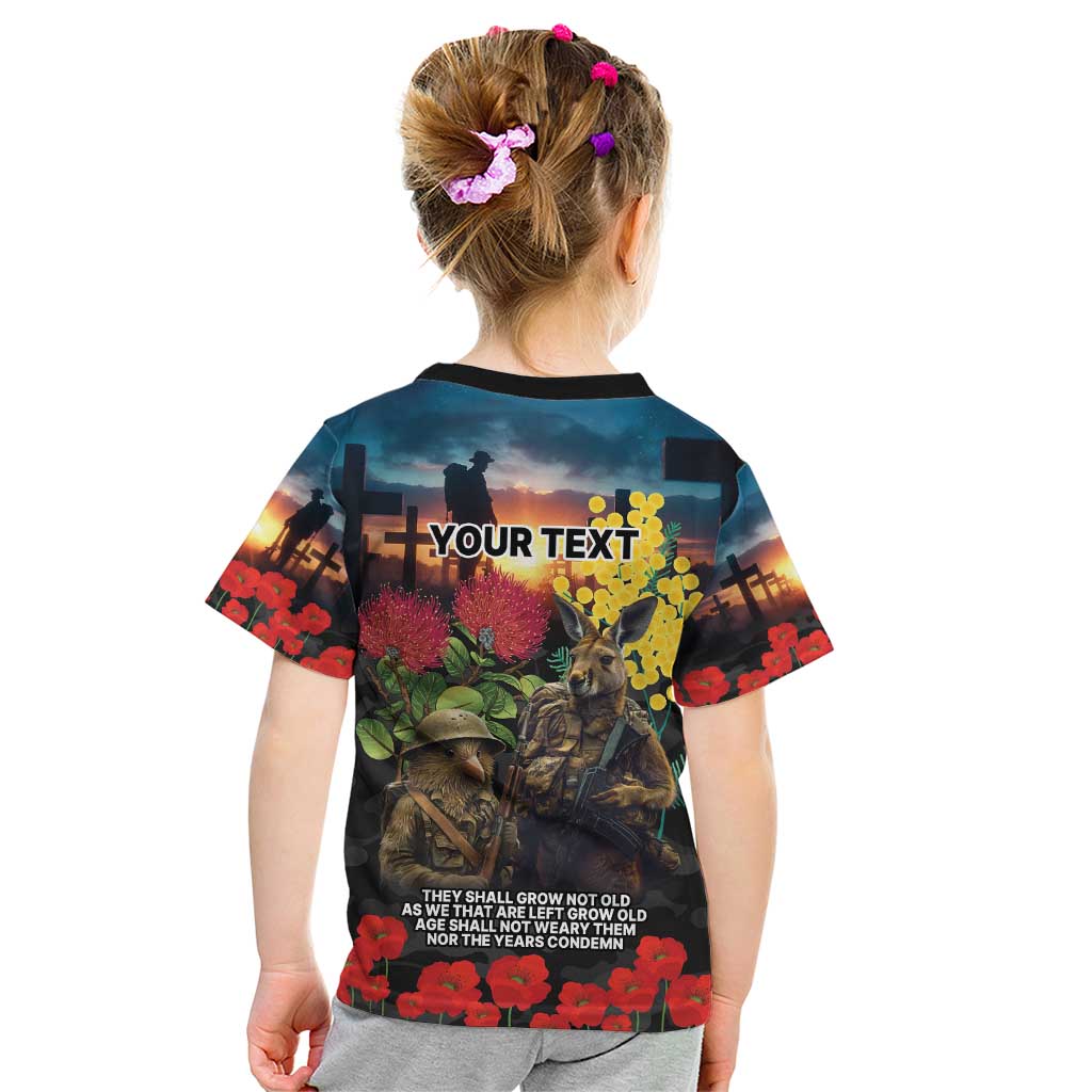 Kangaroo-Kiwi Soldier ANZAC Personalised Kid T Shirt Golden Wattle and Pohutukawa Flowers LT9 - Polynesian Pride