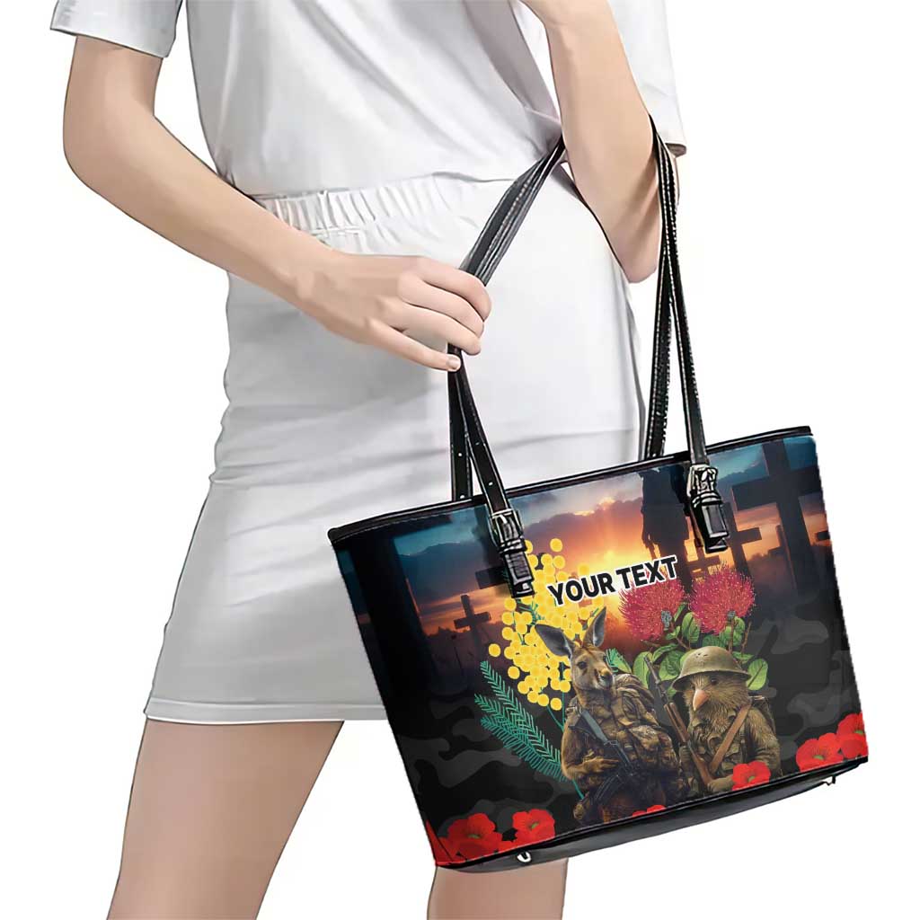 Kangaroo-Kiwi Soldier ANZAC Personalised Leather Tote Bag Golden Wattle and Pohutukawa Flowers LT9 - Polynesian Pride