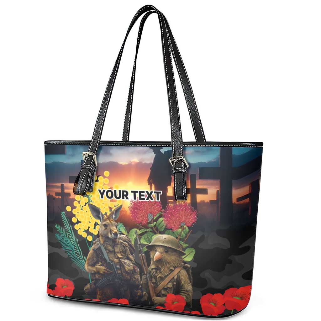 Kangaroo-Kiwi Soldier ANZAC Personalised Leather Tote Bag Golden Wattle and Pohutukawa Flowers LT9 - Polynesian Pride