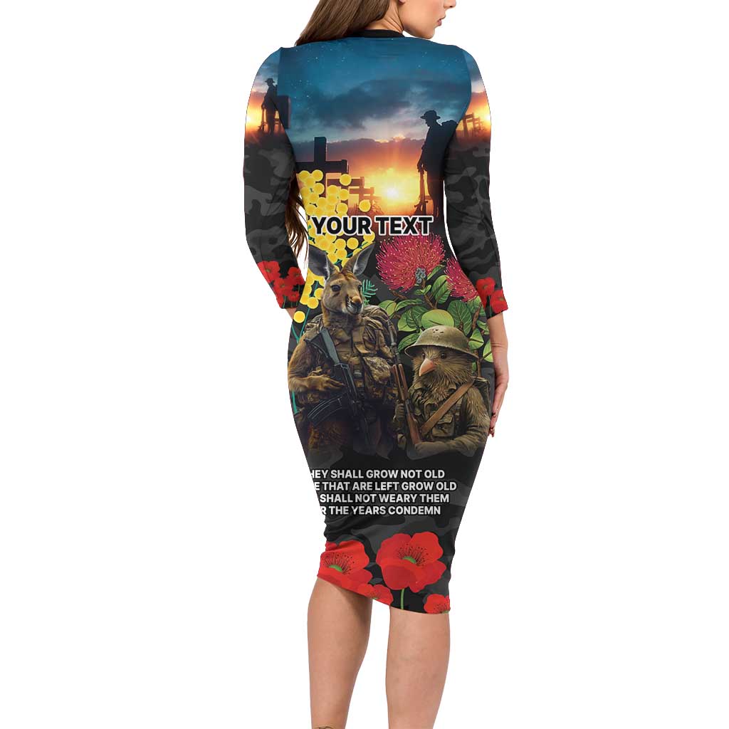 Kangaroo-Kiwi Soldier ANZAC Personalised Long Sleeve Bodycon Dress Golden Wattle and Pohutukawa Flowers LT9 - Polynesian Pride