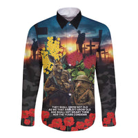 Kangaroo-Kiwi Soldier ANZAC Personalised Long Sleeve Button Shirt Golden Wattle and Pohutukawa Flowers LT9 Unisex Black - Polynesian Pride