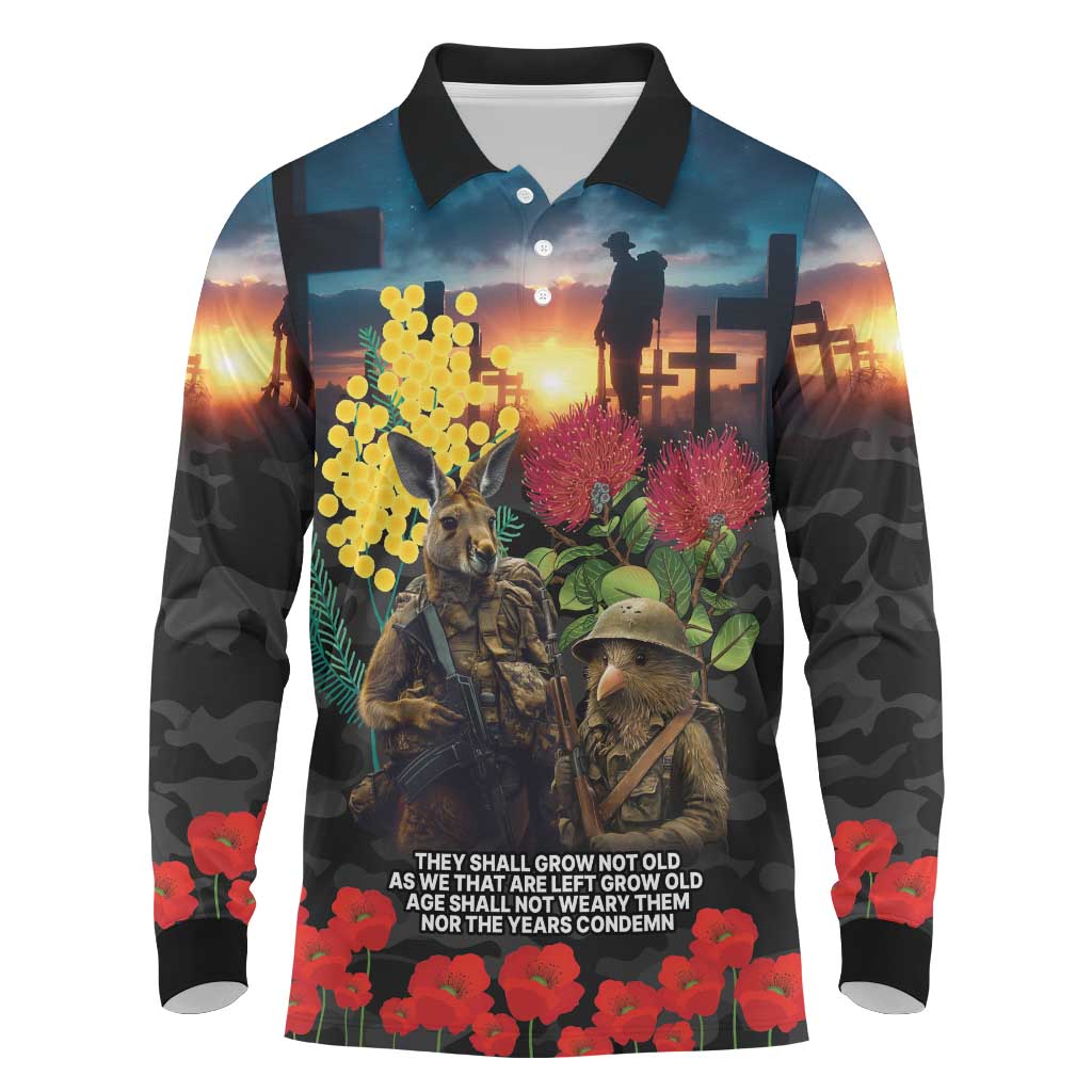 Kangaroo-Kiwi Soldier ANZAC Personalised Long Sleeve Polo Shirt Golden Wattle and Pohutukawa Flowers LT9 Black - Polynesian Pride