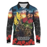 Kangaroo-Kiwi Soldier ANZAC Personalised Long Sleeve Polo Shirt Golden Wattle and Pohutukawa Flowers LT9 Black - Polynesian Pride