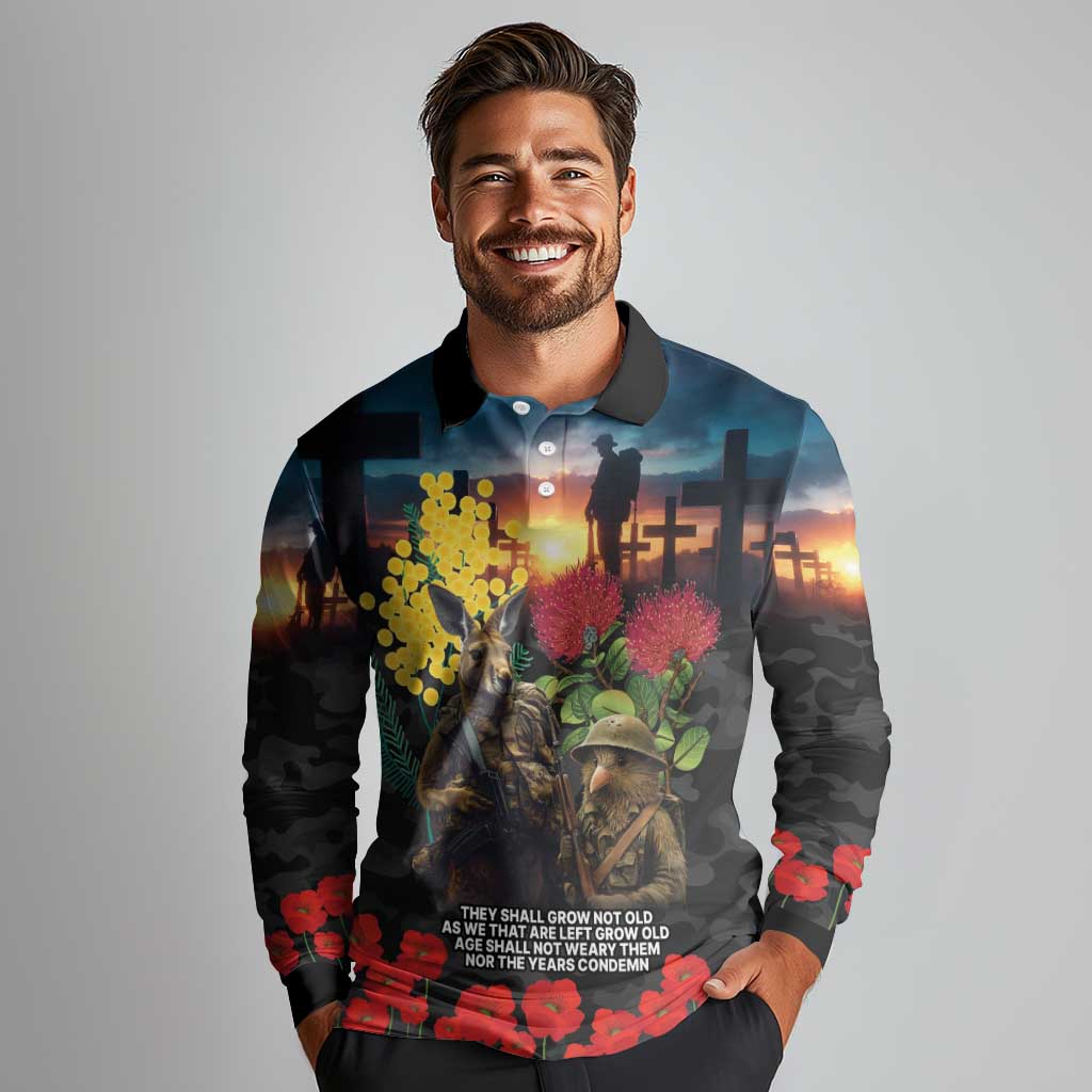 Kangaroo-Kiwi Soldier ANZAC Personalised Long Sleeve Polo Shirt Golden Wattle and Pohutukawa Flowers LT9 - Polynesian Pride