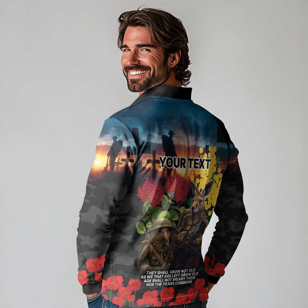 Kangaroo-Kiwi Soldier ANZAC Personalised Long Sleeve Polo Shirt Golden Wattle and Pohutukawa Flowers LT9 - Polynesian Pride