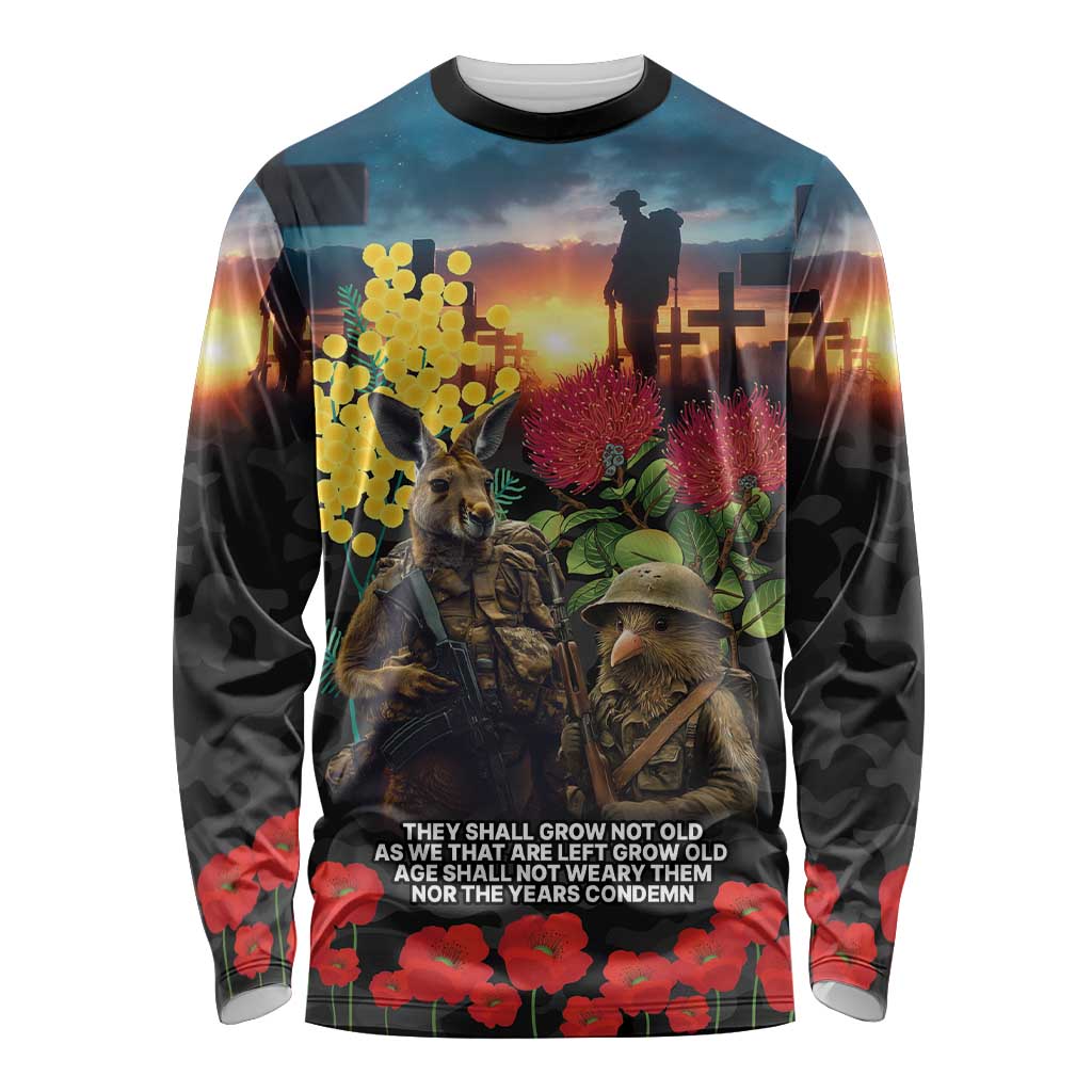 Kangaroo-Kiwi Soldier ANZAC Personalised Long Sleeve Shirt Golden Wattle and Pohutukawa Flowers LT9 Unisex Black - Polynesian Pride