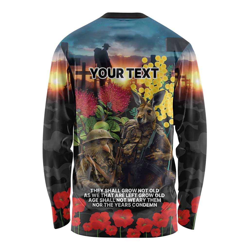 Kangaroo-Kiwi Soldier ANZAC Personalised Long Sleeve Shirt Golden Wattle and Pohutukawa Flowers LT9 - Polynesian Pride
