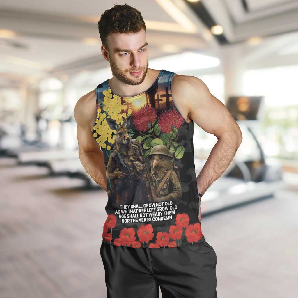 Kangaroo-Kiwi Soldier ANZAC Personalised Men Tank Top Golden Wattle and Pohutukawa Flowers LT9 Black - Polynesian Pride