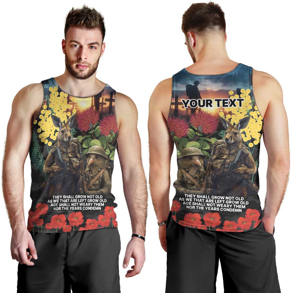Kangaroo-Kiwi Soldier ANZAC Personalised Men Tank Top Golden Wattle and Pohutukawa Flowers LT9 - Polynesian Pride