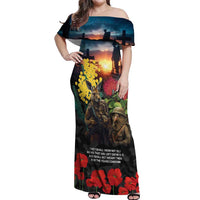 Kangaroo-Kiwi Soldier ANZAC Personalised Off Shoulder Maxi Dress Golden Wattle and Pohutukawa Flowers LT9 Women Black - Polynesian Pride