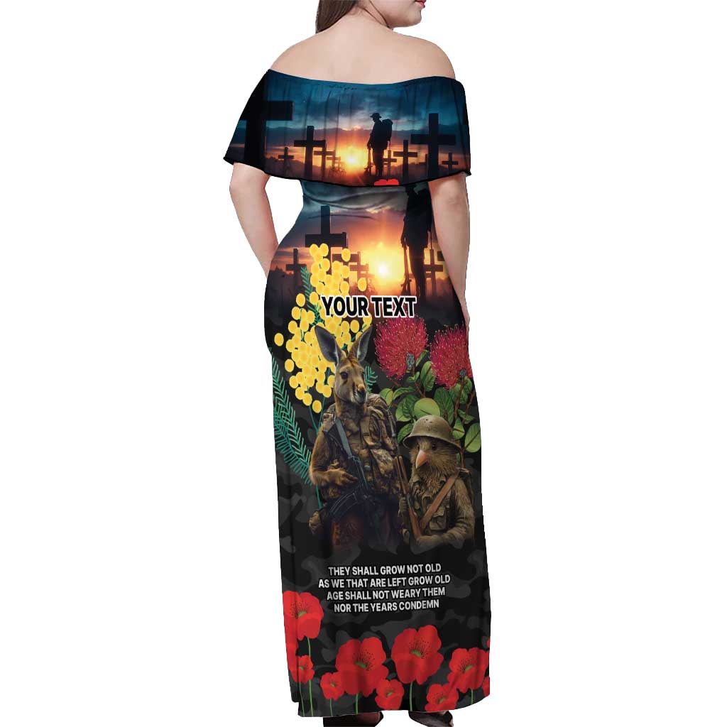 Kangaroo-Kiwi Soldier ANZAC Personalised Off Shoulder Maxi Dress Golden Wattle and Pohutukawa Flowers LT9 - Polynesian Pride