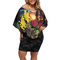 Kangaroo-Kiwi Soldier ANZAC Personalised Off Shoulder Short Dress Golden Wattle and Pohutukawa Flowers LT9 Women Black - Polynesian Pride