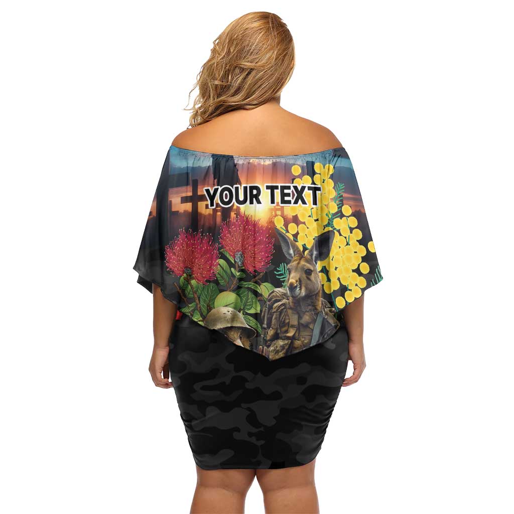 Kangaroo-Kiwi Soldier ANZAC Personalised Off Shoulder Short Dress Golden Wattle and Pohutukawa Flowers LT9 - Polynesian Pride