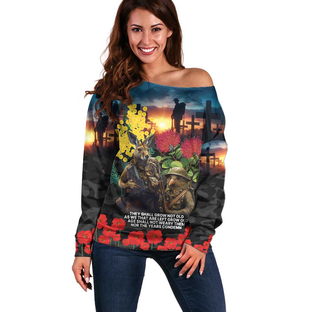 Kangaroo-Kiwi Soldier ANZAC Personalised Off Shoulder Sweater Golden Wattle and Pohutukawa Flowers LT9 Women Black - Polynesian Pride