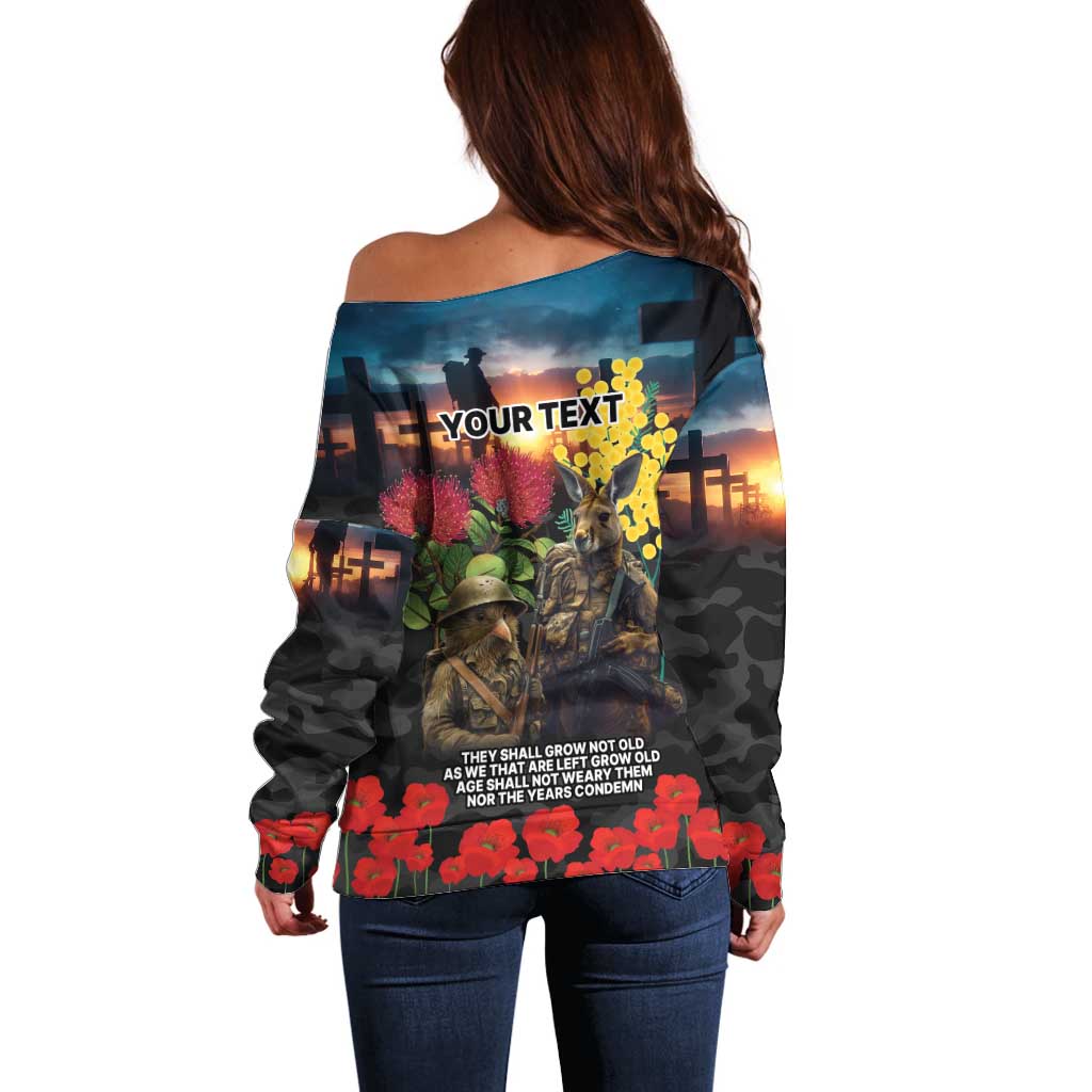 Kangaroo-Kiwi Soldier ANZAC Personalised Off Shoulder Sweater Golden Wattle and Pohutukawa Flowers LT9 - Polynesian Pride
