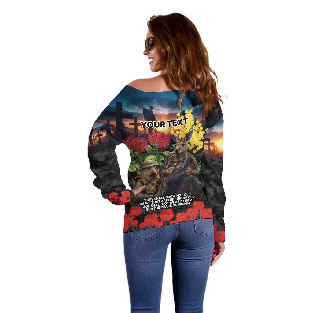 Kangaroo-Kiwi Soldier ANZAC Personalised Off Shoulder Sweater Golden Wattle and Pohutukawa Flowers LT9 - Polynesian Pride
